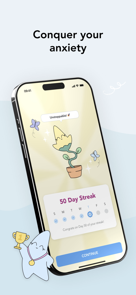 Manifest: Daily Journal - Teléfono inteligente que muestra la racha de 50 días de la aplicación Manifest y lindas mascotas estrella con el texto vence tu ansiedad
