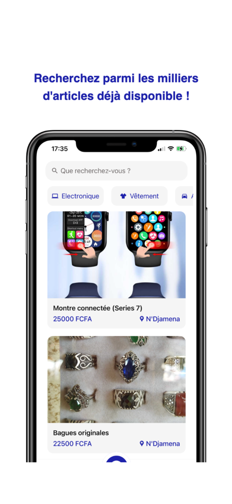 Nidora - Smartphone displaying the Nidora app with local product listings and search bar