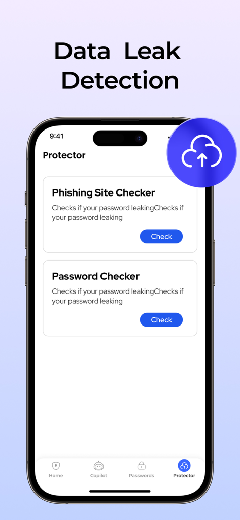 Interface du protecteur Authenticator App avec les fonctionnalités de détection de phishing et de fuite de mots de passe
