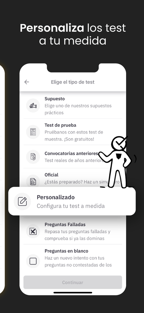 Pantalla de la aplicación móvil OpositaTest que muestra diferentes opciones para personalizar los exámenes de práctica para candidatos a la función pública española