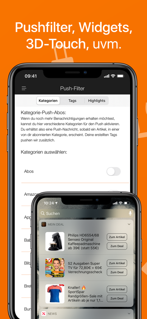 プッシュ通知フィルターと、電化製品や衣料品などの割引製品のリストが表示されているMein Dealアプリのインターフェース