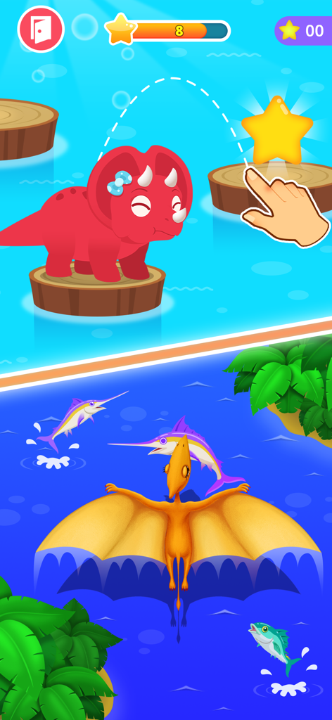 Un tricératops rouge sautant sur des bûches et un ptérosaure orange volant au-dessus de l'eau dans un jeu de dinosaures pour enfants.