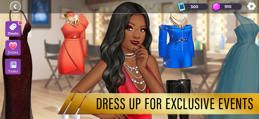 A glamorous female avatar choosing from a selection of stylish outfits and jewelry for exclusive events in the Episode Reality Stars mobile game.