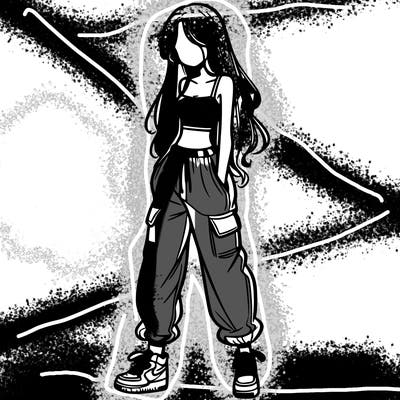 girl in baggy pants crop top and long hair