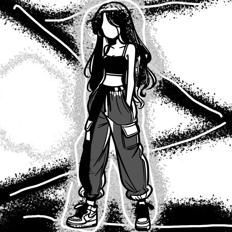 girl in baggy pants crop top and long hair