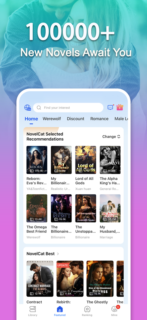NovelCat-Novels and Books - NovelCat mobile app home screen with a curated selection of romance and billionaire web novels.