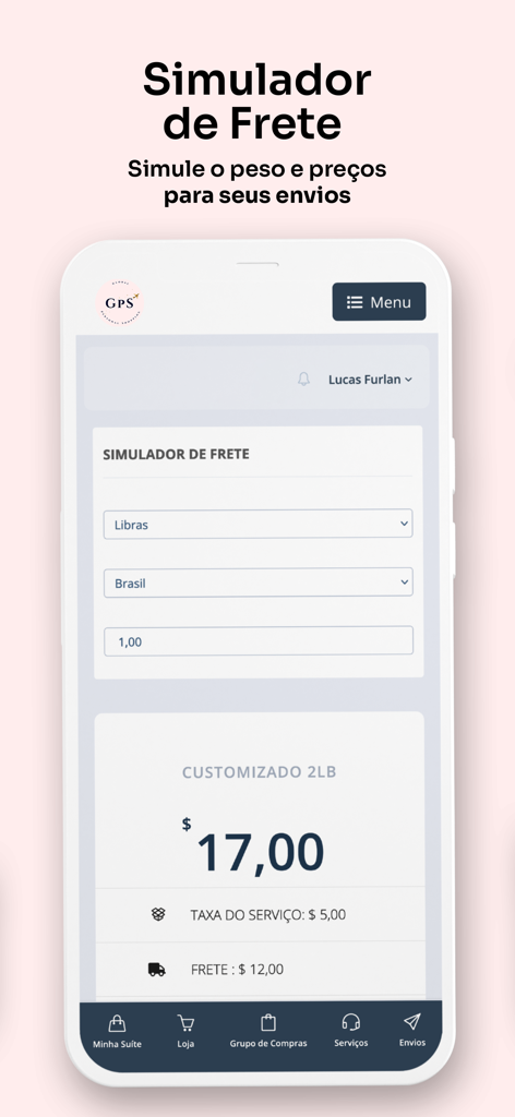 Interface de l'application Global Personal Shopping montrant un simulateur de coût d'expédition pour le fret international avec les calculs des frais de service