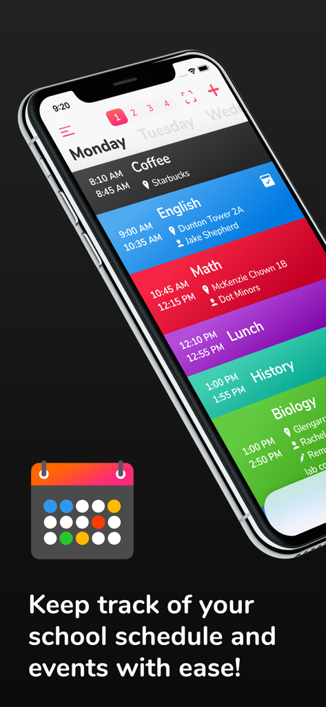 色分けされた毎日の学校のスケジュール、授業時間と場所を表示するiPhone