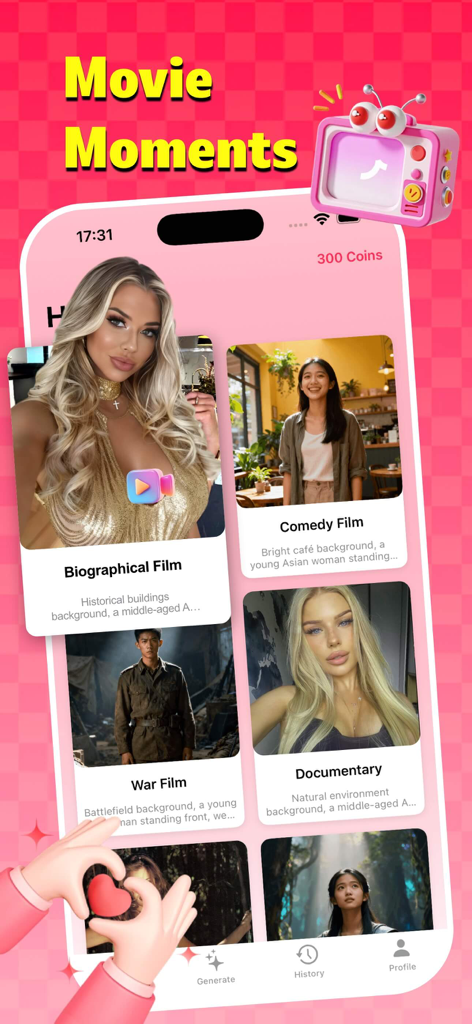 Wolla_ - Wolla app screen showing various cinematic photo styles like Biographical Film and Comedy Film