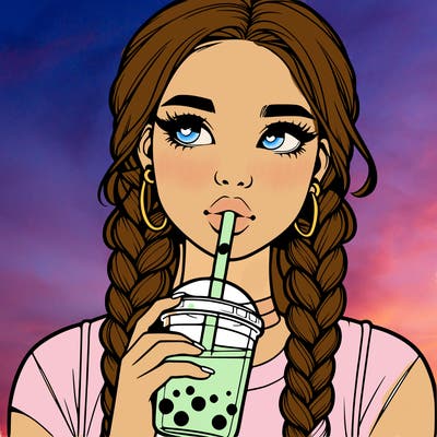 realistic girl with braided hair drinking boba