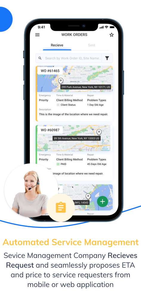UtilizeCore - UtilizeCore mobile app interface showing work order management with map locations and service request details.