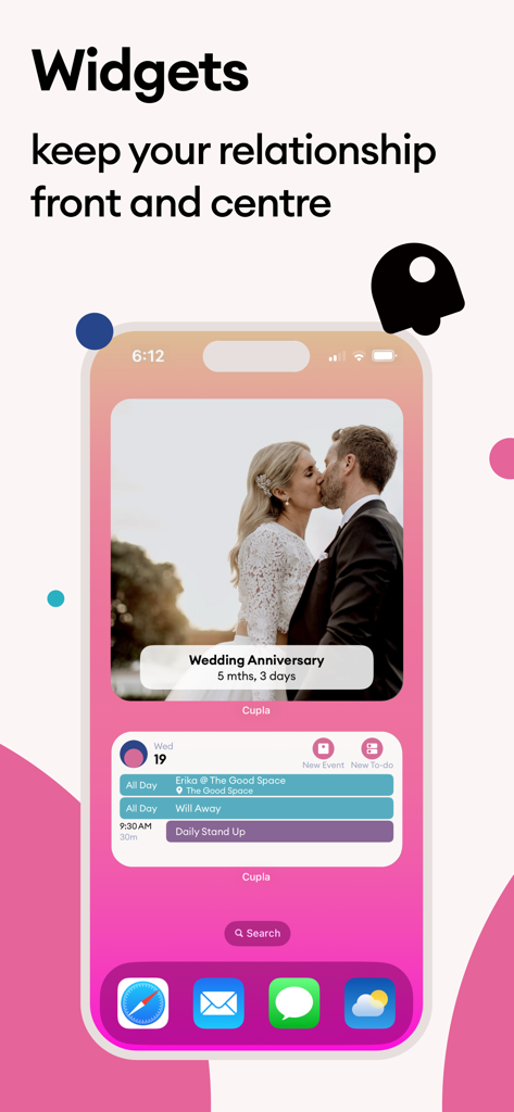 Cupla: Shared Couples Calendar - Écran d'accueil de l'iPhone affichant des widgets de calendrier partagé Cupla et de compte à rebours d'anniversaire de mariage