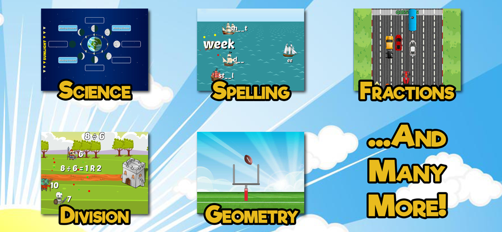 Fourth Grade Learning Games - A collage showing different educational games for fourth graders including science spelling and math