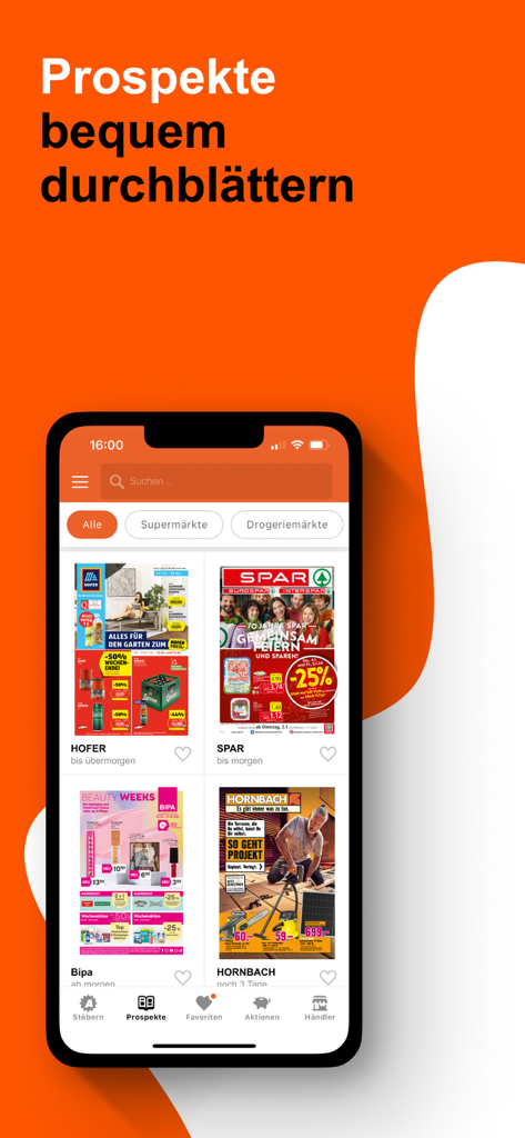 Interfaz de aplicación móvil mostrando folletos de compras digitales para minoristas como Spar y Hofer.