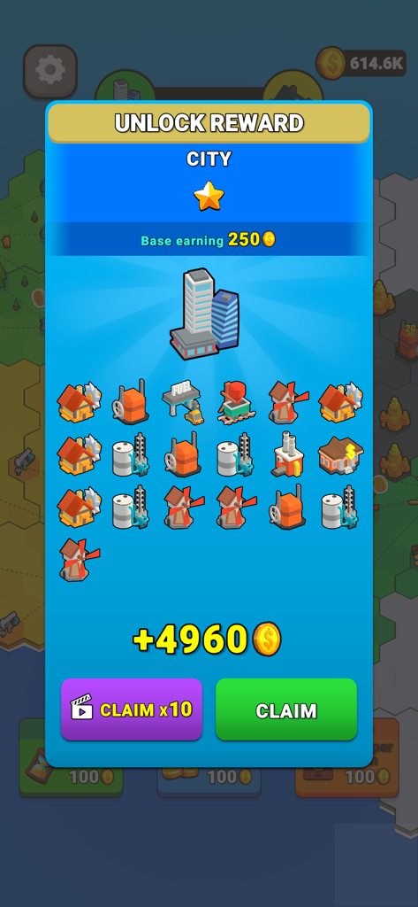 Factory World - Factory Worldゲーム画面、都市のアンロック報酬ポップアップにゴールド収益を獲得するボタンが表示されています
