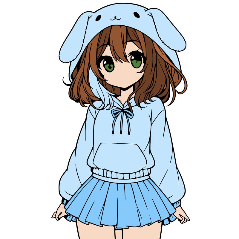 pretty anime girl wearing a fluffy hoodie with bunny ears on the hood and a skirt