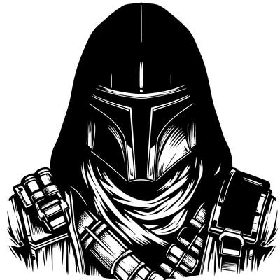 realistic warrior bounty hunter with mask and hood on