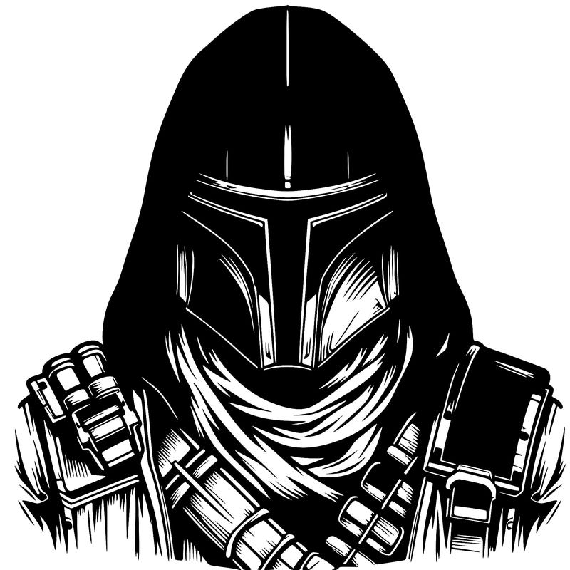 realistic warrior bounty hunter with mask and hood on