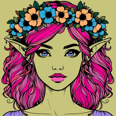 realistic female elf with flower crown