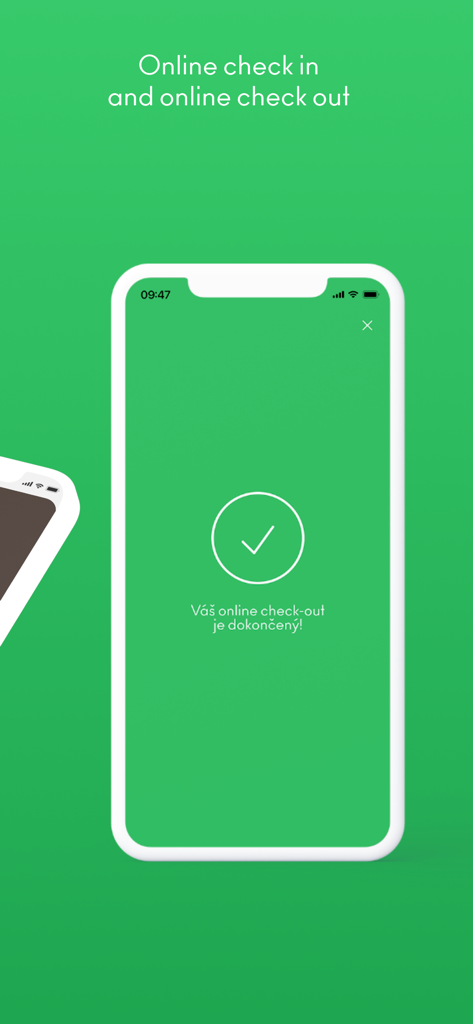 Pantalla de la aplicación móvil que muestra una confirmación exitosa de check-out en línea para Aldrov Resort