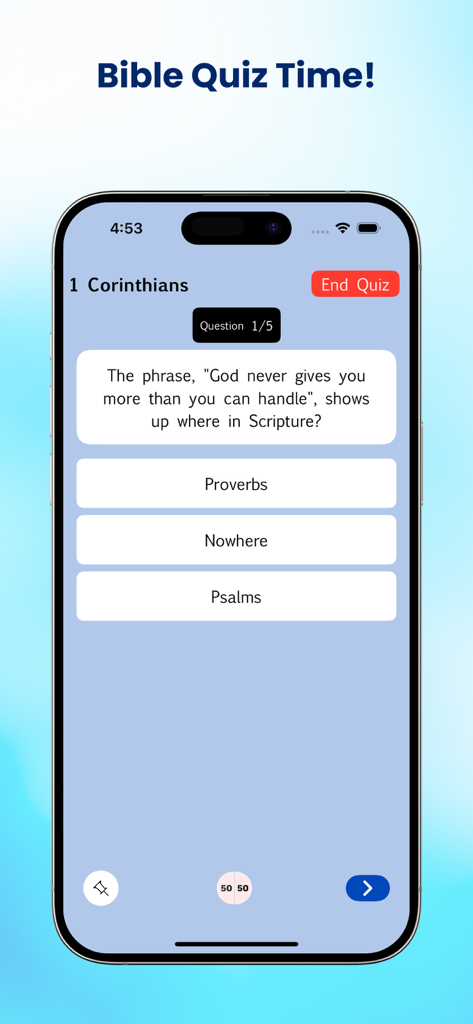 Bible quiz game interface on the Luganda Holy Bible app.