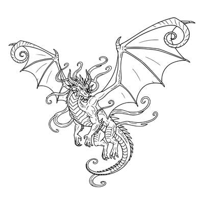a big mythical dragon with huge wings and a horn on the tips of the 2 wings, also, curled line streaks that show and last, the dragon is going to be flying