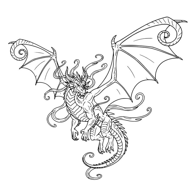 a big mythical dragon with huge wings and a horn on the tips of the 2 wings, also, curled line streaks that show and last, the dragon is going to be flying