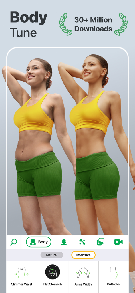 Retouch Me: Face, Body Editor - Retouch Meアプリインターフェースでのボディスリミング編集の前後比較