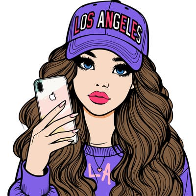 realistic beautiful girl wearing los ángeles cap holding an iphone