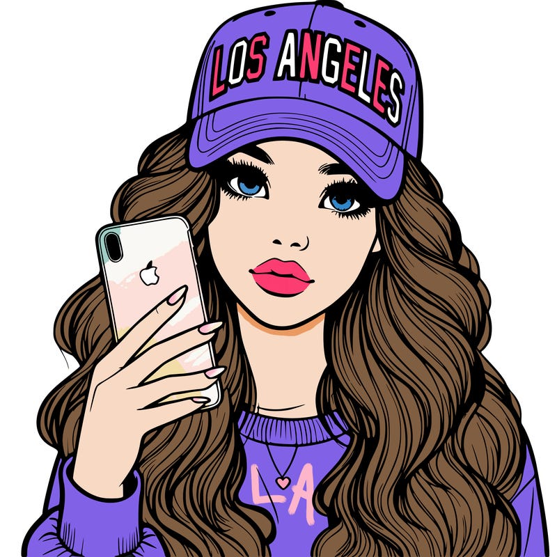 realistic beautiful girl wearing los ángeles cap holding an iphone