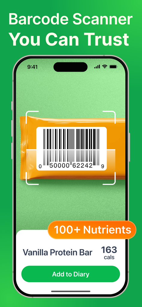 PlateAI - MyNetDiary AI Coach - PlateAI app barcode scanner scanning a protein bar to display calories and nutrient information