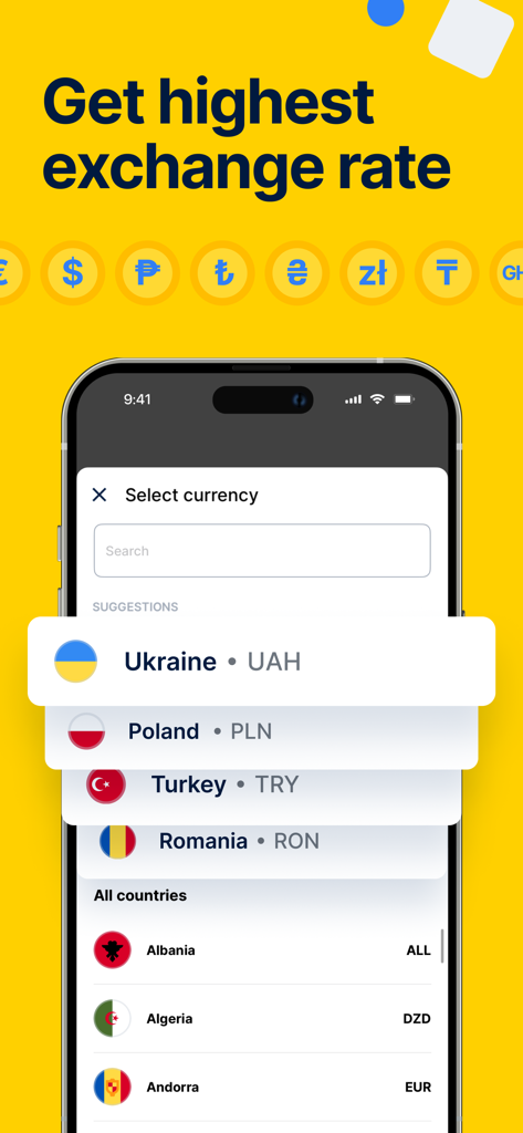 Écran de l'application mobile TransferGo montrant la sélection des devises pour les transferts d'argent internationaux avec un accent sur les taux de change élevés