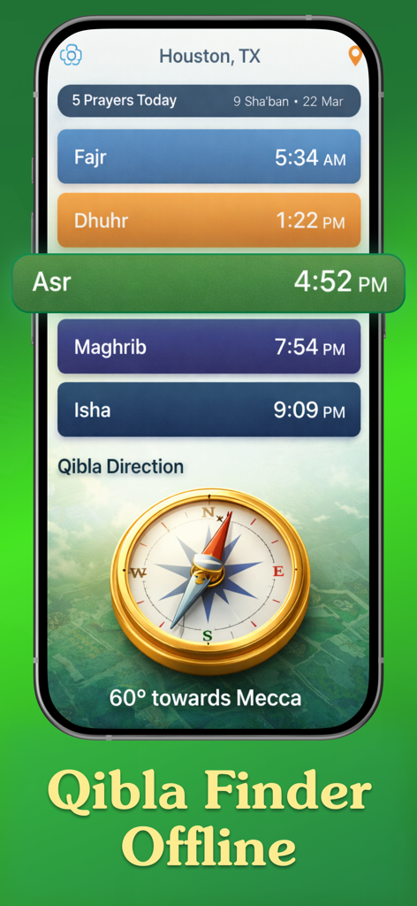 Interface of the Iman Path app showing daily prayer times and an offline Qibla direction compass.