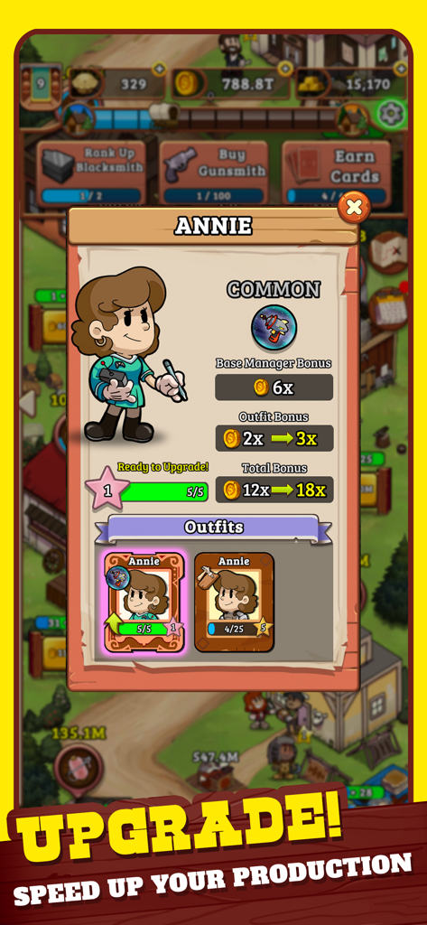 Character upgrade screen for Annie in Idle Frontier Western Tapper showing manager bonuses and production speed increases