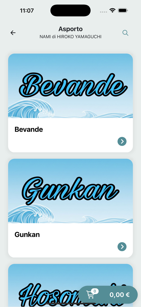 Nami sushi & poke - Nami sushi and poke app interface showing the takeaway menu categories for drinks and gunkan