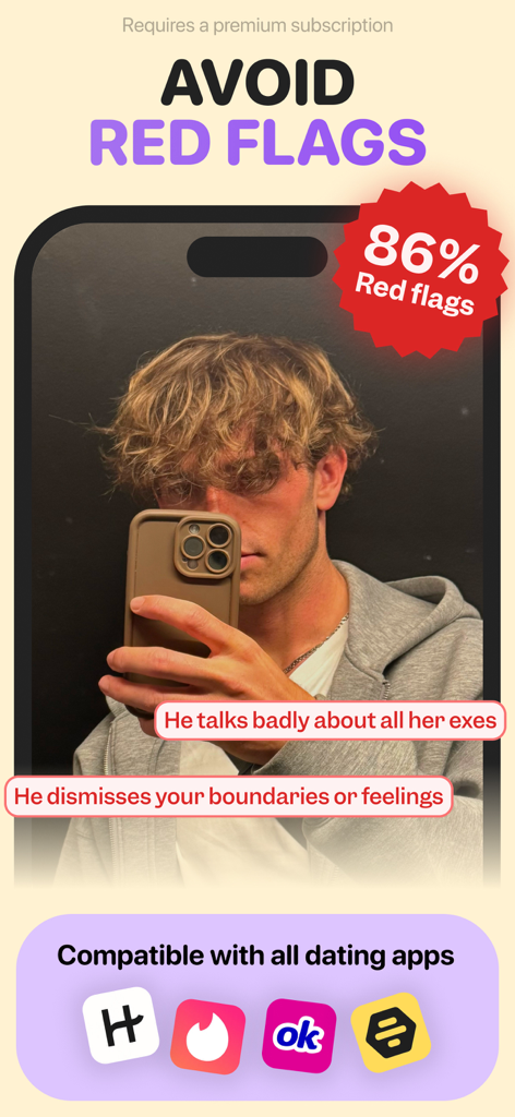 TeaOnHim app interface showing dating profile red flag detection with behavioral warnings and safety scores