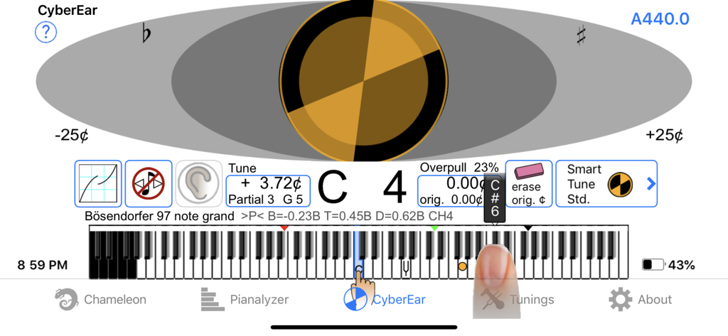 CyberTuner - Interfaz de afinación de piano profesional CyberTuner con guía visual y teclado de piano.