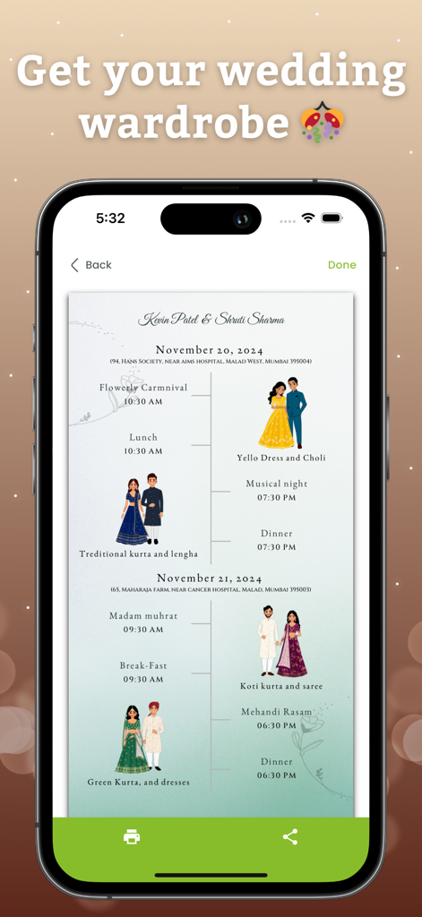 Invitation Card Pdf Maker - Digital wedding invitation showing a schedule and dress code illustrations