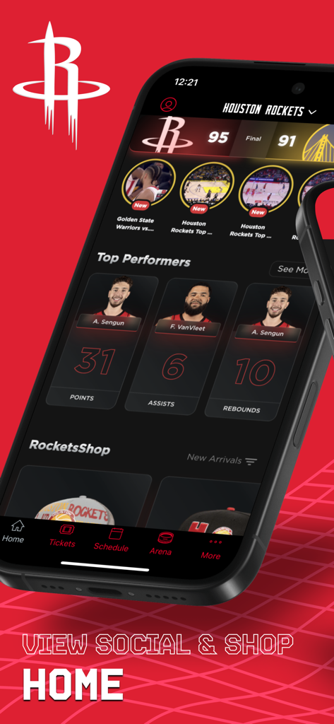 Houston Rockets - Pantalla de inicio de la app oficial de los Houston Rockets mostrando marcadores de partidos en vivo, estadísticas de jugadores y la tienda del equipo.