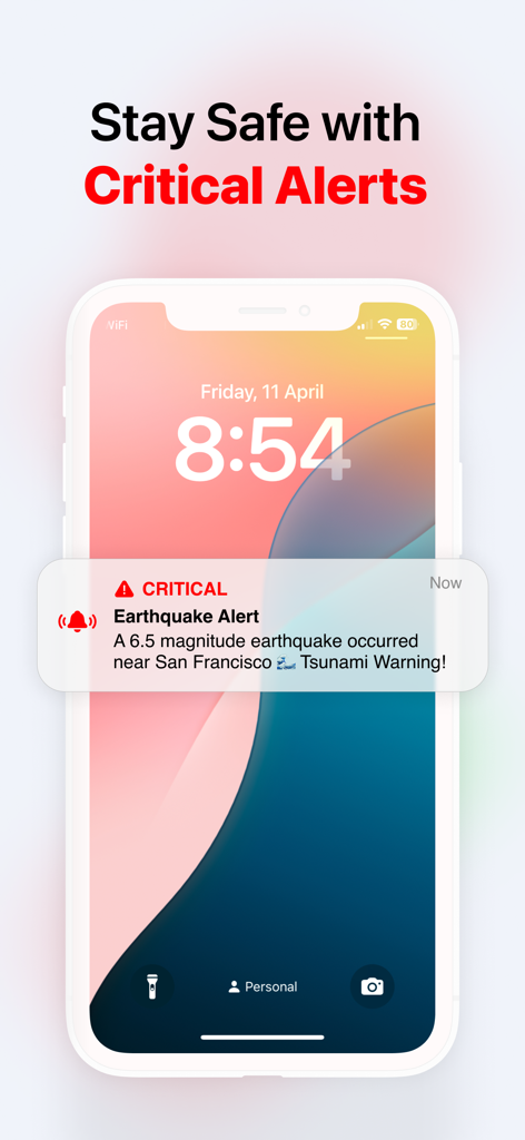 Schermata di blocco di uno smartphone che mostra un allarme terremoto critico di QuakeMate per un tremore di magnitudo 6.5 a San Francisco con un avviso tsunami.
