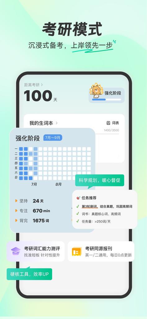 扇贝单词英语版-坚持学习未来可期 - Screenshot of Shanbay Vocab app showing English exam preparation mode with study progress and countdown.