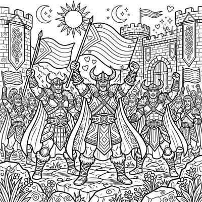 Join a powerful band of fantasy barbarians as they march with pride and joy in this exciting coloring template. This unique design beautifully merges fierce fantasy with the vibrant spirit of celebration.