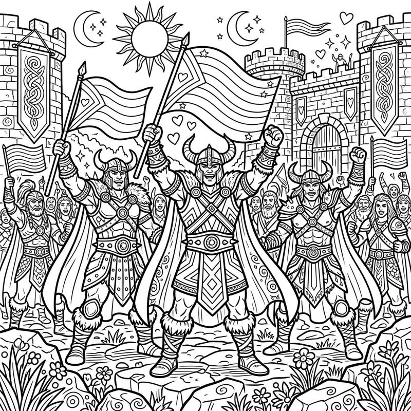Join a powerful band of fantasy barbarians as they march with pride and joy in this exciting coloring template. This unique design beautifully merges fierce fantasy with the vibrant spirit of celebration.