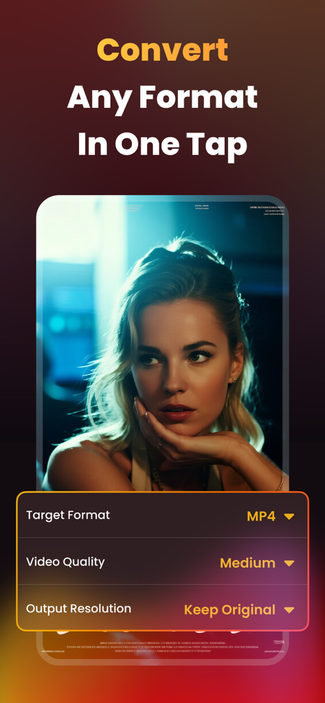 Drimix – Mini Drama Hub - Interface de l'application Drimix montrant les paramètres de conversion vidéo en un clic pour la qualité et la résolution du format cible