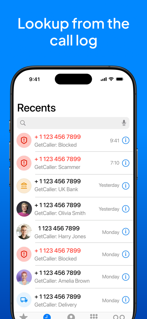 GetCaller app showing identified callers and blocked scams in the call log