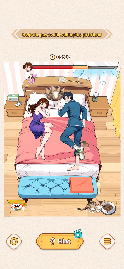 Gameplay screenshot of Brain Puzzle Tricky Quest showing a man trying not to wake his sleeping girlfriend in a bedroom.