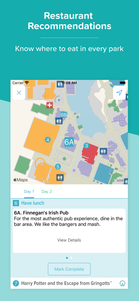 Orlando Theme Park Day - Orlando theme park app showing restaurant recommendations and interactive map for daily planning.