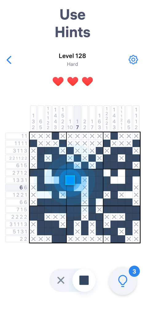 A hard level logic puzzle in Nonogram.com showing how to use hints to solve the picture cross grid