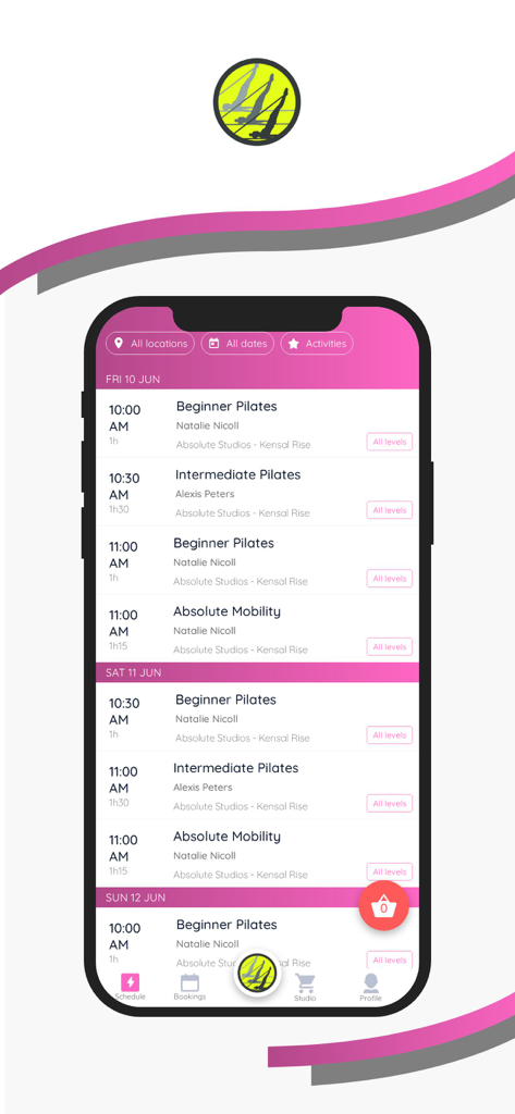 Absolute Studios - Screenshot of the Absolute Studios mobile app showing a schedule of Pilates and mobility classes with instructors and booking times
