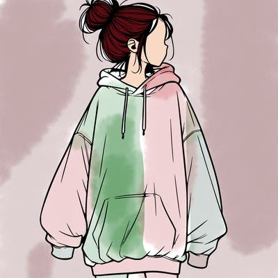 realistic girl with a oversized sweatshirt on and a bun